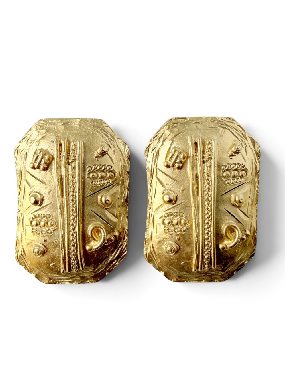 Vintage Etruscan Style Designs Matte Goldtone Rectangular Post Earrings